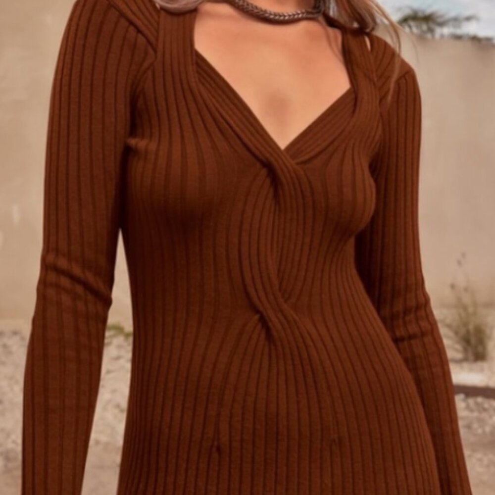 Midi sweater dress Long sleeve, plunge, sweater dress, brown, midi-calf length